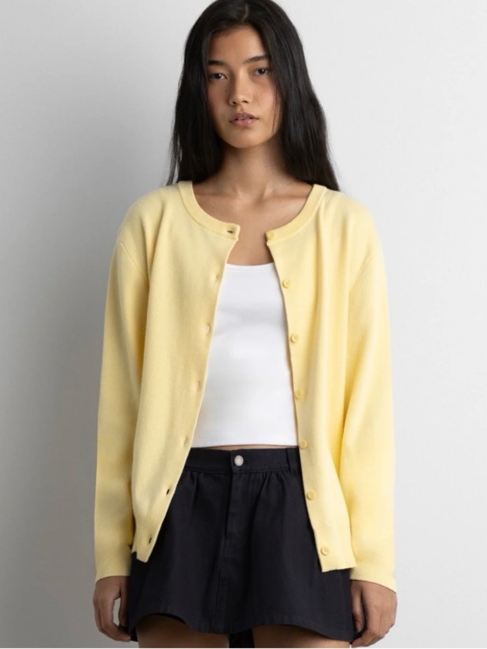 OAK + FORT Pale Yellow Button-Front Crewneck Cardigan